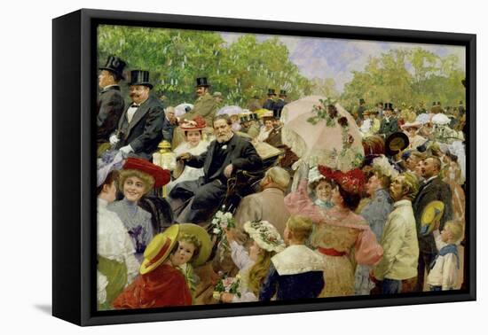 Vienna Lord Mayor Karl Lueger riding in his coach during the flower-corso in the Vienna Prater1904-Wilhelm Gause-Framed Stretched Canvas