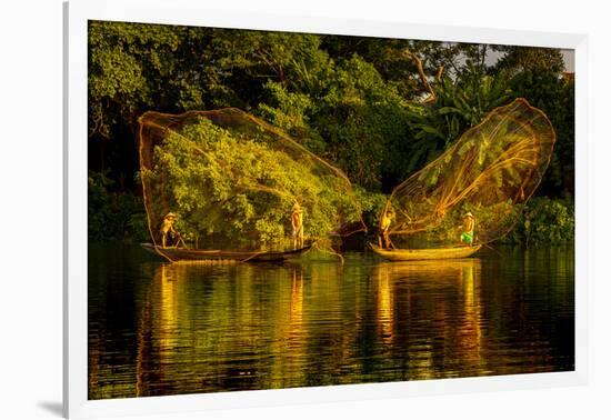 Vietnam. Butterfly net fishing. Fishermen working in complete synchronization.-Tom Norring-Framed Photographic Print