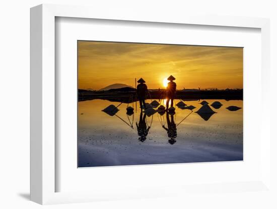 Vietnam. Doc Let Salt lake. Workers harvesting the salt. Early morning sunrise.-Tom Norring-Framed Photographic Print