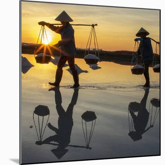 Vietnam. Doc Let Salt lake. Workers harvesting the salt. Early morning sunrise.-Tom Norring-Mounted Photographic Print