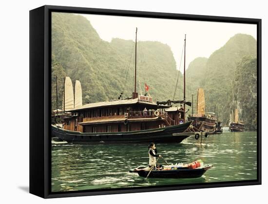 Vietnam, Halong Bay and Tourist Junk Boat-Steve Vidler-Framed Stretched Canvas