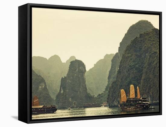 Vietnam, Halong Bay and Tourist Junk Boat-Steve Vidler-Framed Stretched Canvas