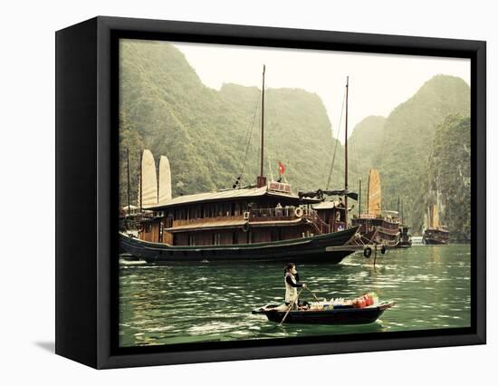 Vietnam, Halong Bay and Tourist Junk Boat-Steve Vidler-Framed Stretched Canvas