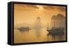 Vietnam, Halong Bay, Tourist Boats, Sunrise-Walter Bibikow-Framed Stretched Canvas