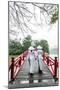 Vietnam, Hanoi, Hoan Kiem Lake. Walking on Huc Bridge in Traditional Ao Dai Dress-Matteo Colombo-Mounted Premium Photographic Print