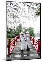Vietnam, Hanoi, Hoan Kiem Lake. Walking on Huc Bridge in Traditional Ao Dai Dress-Matteo Colombo-Mounted Photographic Print