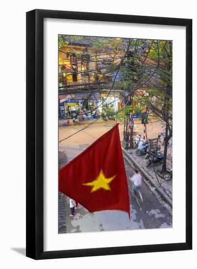 Vietnamese Flag and Street Scene, Hanoi, Vietnam-Peter Adams-Framed Photographic Print