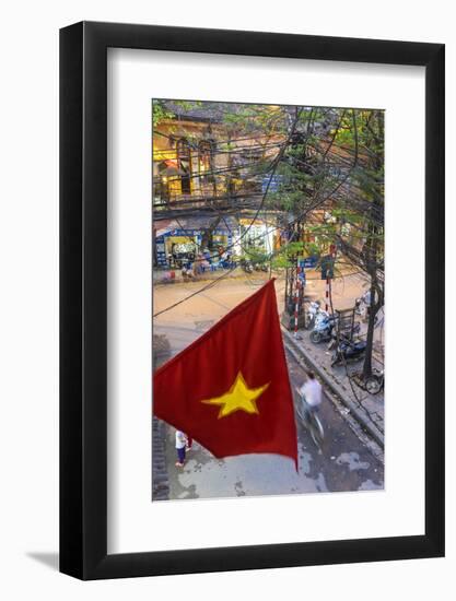 Vietnamese Flag and Street Scene, Hanoi, Vietnam-Peter Adams-Framed Photographic Print