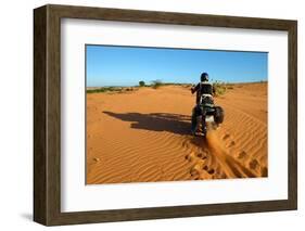 Vietnamese Man Travel to Adventure Nature, Ride Motorbike on Sand Hill, Wheel Tracks on Sand, Shado-xuanhuongho-Framed Photographic Print