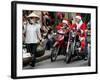 Vietnamese Men Dressed as Santa Claus Wait on their Motorbikes on a Street in Hanoi, Vietnam-null-Framed Photographic Print