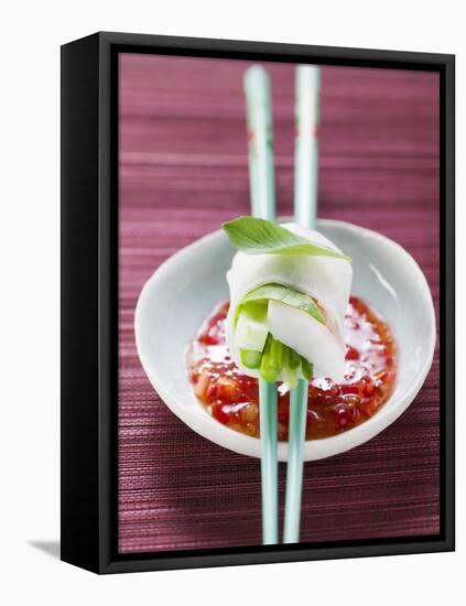 Vietnamese Spring Roll on Chopsticks over Chili Sauce-null-Framed Stretched Canvas