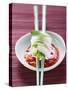 Vietnamese Spring Roll on Chopsticks over Chili Sauce-null-Stretched Canvas