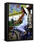 Vietnamese woman cycles in white clothes and hat-Charles Bowman-Framed Stretched Canvas