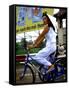 Vietnamese woman cycles in white clothes and hat-Charles Bowman-Framed Stretched Canvas