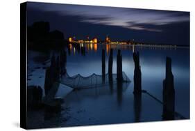 View Above the Strelasund on Stralsund at Night, Mecklenburg-West Pomerania, Germany-Andreas Vitting-Stretched Canvas