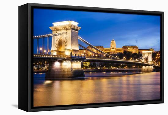 View across Danube River of Chain Bridge and Buda Castle at Night, UNESCO World Heritage Site-Ben Pipe-Framed Stretched Canvas