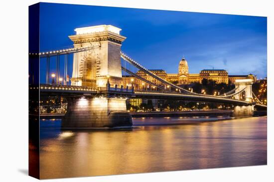 View across Danube River of Chain Bridge and Buda Castle at Night, UNESCO World Heritage Site-Ben Pipe-Stretched Canvas