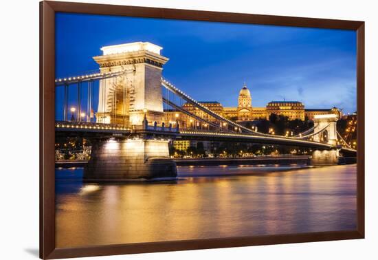 View across Danube River of Chain Bridge and Buda Castle at Night, UNESCO World Heritage Site-Ben Pipe-Framed Photographic Print