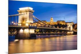 View across Danube River of Chain Bridge and Buda Castle at Night, UNESCO World Heritage Site-Ben Pipe-Mounted Premium Photographic Print