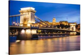 View across Danube River of Chain Bridge and Buda Castle at Night, UNESCO World Heritage Site-Ben Pipe-Stretched Canvas