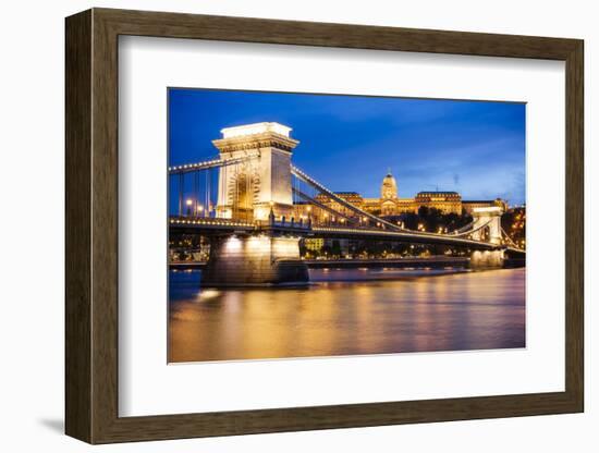 View across Danube River of Chain Bridge and Buda Castle at Night, UNESCO World Heritage Site-Ben Pipe-Framed Photographic Print