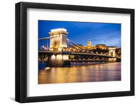 View across Danube River of Chain Bridge and Buda Castle at Night, UNESCO World Heritage Site-Ben Pipe-Framed Photographic Print