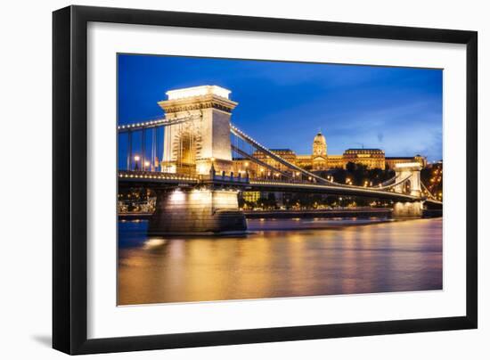 View across Danube River of Chain Bridge and Buda Castle at Night, UNESCO World Heritage Site-Ben Pipe-Framed Photographic Print