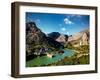 View across Embalsa Tajo de la Encantada (lake) and Hydro-electric power plant, El Chorro, Malag...-Panoramic Images-Framed Photographic Print