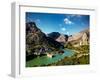 View across Embalsa Tajo de la Encantada (lake) and Hydro-electric power plant, El Chorro, Malag...-Panoramic Images-Framed Photographic Print