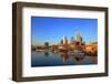 View across Main River towards the skyline of Frankfurt am Main, Hesse, Germany, Europe-Hans-Peter Merten-Framed Photographic Print