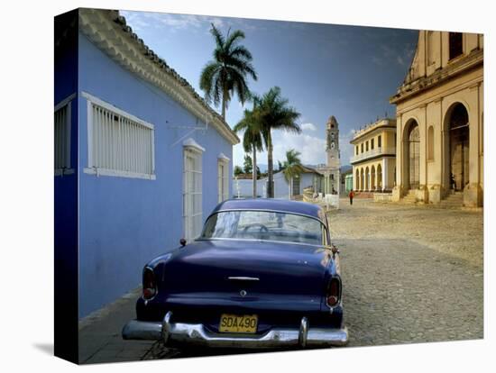 View Across Plaza Mayor with Old American Car Parked on Cobbles, Trinidad, Cuba, West Indies-Lee Frost-Stretched Canvas