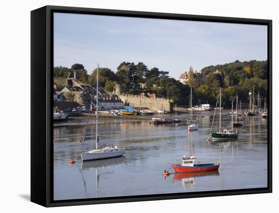 View Across River Estuary to Town Wall Quay and Harbour with Moored Boats on Calm Water, Wales-Pearl Bucknall-Framed Stretched Canvas
