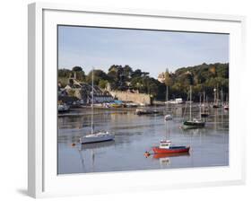 View Across River Estuary to Town Wall Quay and Harbour with Moored Boats on Calm Water, Wales-Pearl Bucknall-Framed Photographic Print