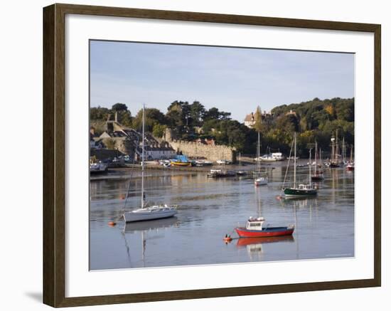 View Across River Estuary to Town Wall Quay and Harbour with Moored Boats on Calm Water, Wales-Pearl Bucknall-Framed Photographic Print