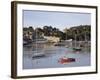 View Across River Estuary to Town Wall Quay and Harbour with Moored Boats on Calm Water, Wales-Pearl Bucknall-Framed Photographic Print
