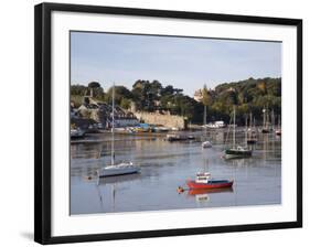 View Across River Estuary to Town Wall Quay and Harbour with Moored Boats on Calm Water, Wales-Pearl Bucknall-Framed Photographic Print