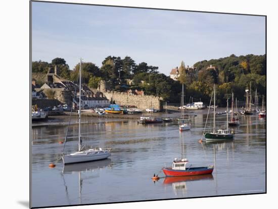 View Across River Estuary to Town Wall Quay and Harbour with Moored Boats on Calm Water, Wales-Pearl Bucknall-Mounted Photographic Print