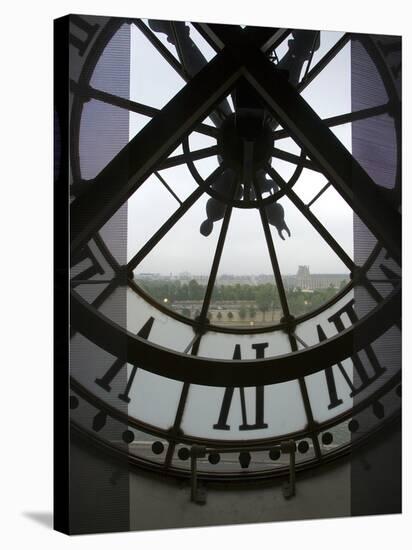 View Across Seine River Through Transparent Face of Clock in the Musee d'Orsay, Paris, France-Jim Zuckerman-Stretched Canvas