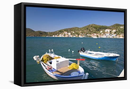 View across the Harbour, Colourful Fishing Boat in Foreground, Vathy (Vathi)-Ruth Tomlinson-Framed Stretched Canvas