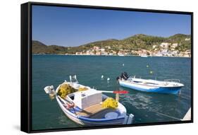 View across the Harbour, Colourful Fishing Boat in Foreground, Vathy (Vathi)-Ruth Tomlinson-Framed Stretched Canvas