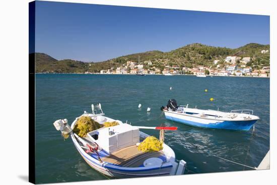 View across the Harbour, Colourful Fishing Boat in Foreground, Vathy (Vathi)-Ruth Tomlinson-Stretched Canvas