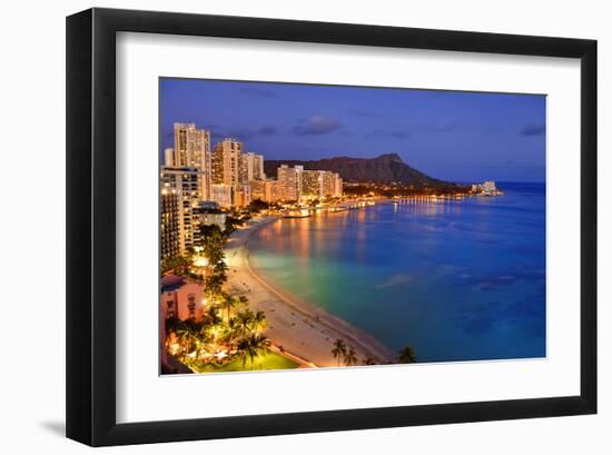 View across Waikiki Beach towards Diamond Head, Honolulu, Island of Oahu, Hawaii, USA-null-Framed Art Print