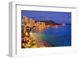 View across Waikiki Beach towards Diamond Head, Honolulu, Island of Oahu, Hawaii, USA-null-Framed Art Print