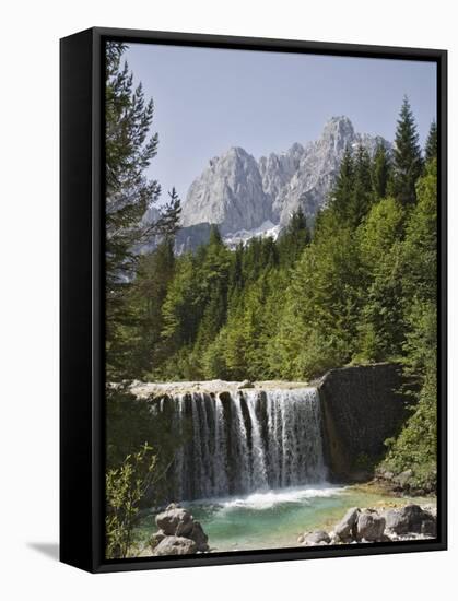 View Across Waterfall Over Weir on River Velika Pisnca to Prisank Mountain, Dolina, Slovenia-Pearl Bucknell-Framed Stretched Canvas