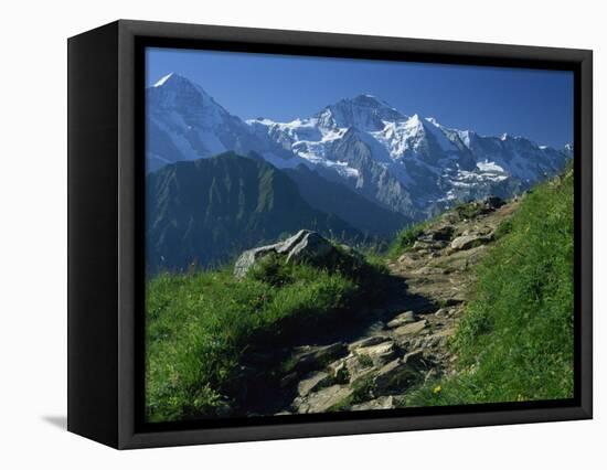 View Along Path to Snow Covered Summit of the Jungfrau, Schynige Platte, Bern, Switzerland-Tomlinson Ruth-Framed Stretched Canvas