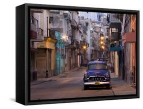 View Along Quiet Street at Dawn Showing Old American Car and Street Lights Still On, Havana, Cuba-Lee Frost-Framed Stretched Canvas