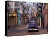 View Along Quiet Street at Dawn Showing Old American Car and Street Lights Still On, Havana, Cuba-Lee Frost-Stretched Canvas