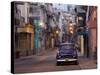 View Along Quiet Street at Dawn Showing Old American Car and Street Lights Still On, Havana, Cuba-Lee Frost-Stretched Canvas