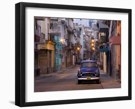 View Along Quiet Street at Dawn Showing Old American Car and Street Lights Still On, Havana, Cuba-Lee Frost-Framed Photographic Print