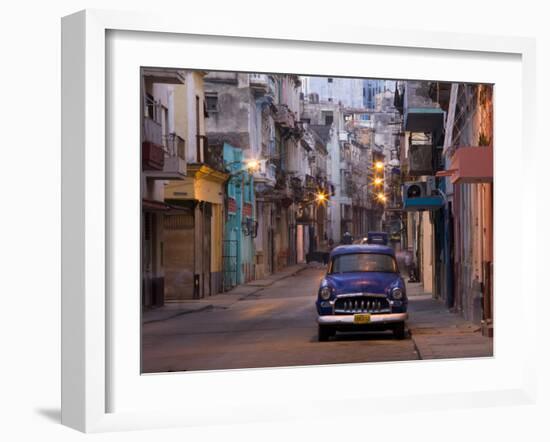 View Along Quiet Street at Dawn Showing Old American Car and Street Lights Still On, Havana, Cuba-Lee Frost-Framed Photographic Print